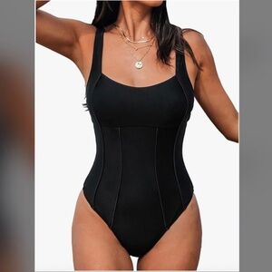 Women's One Piece Swimsuit Tummy Control Slimming Scoop Neck Black Sz L